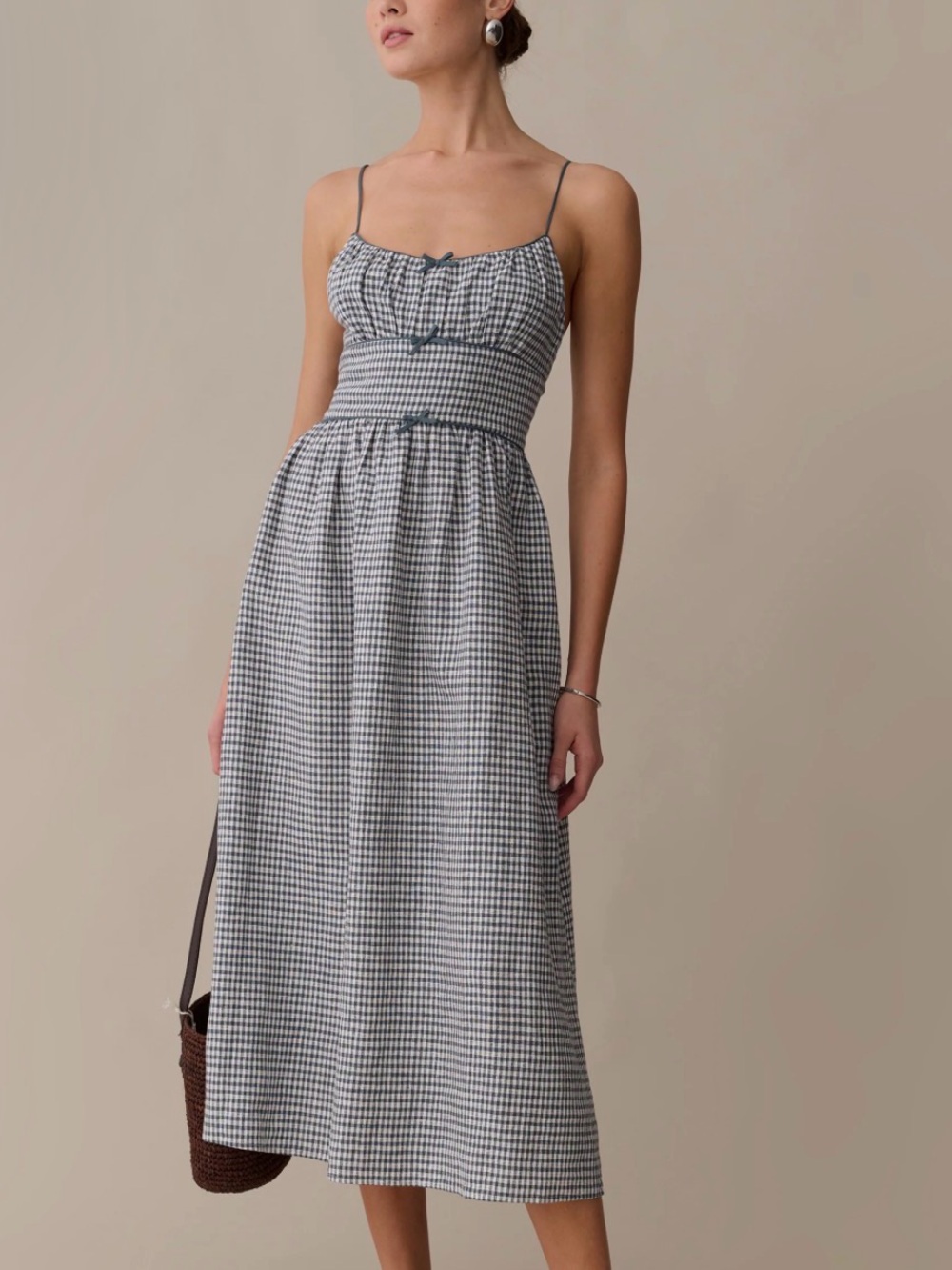 Women’s  strapless Gingham Linen Dress in Teal. 
Darya Linen Dress by Kourt.